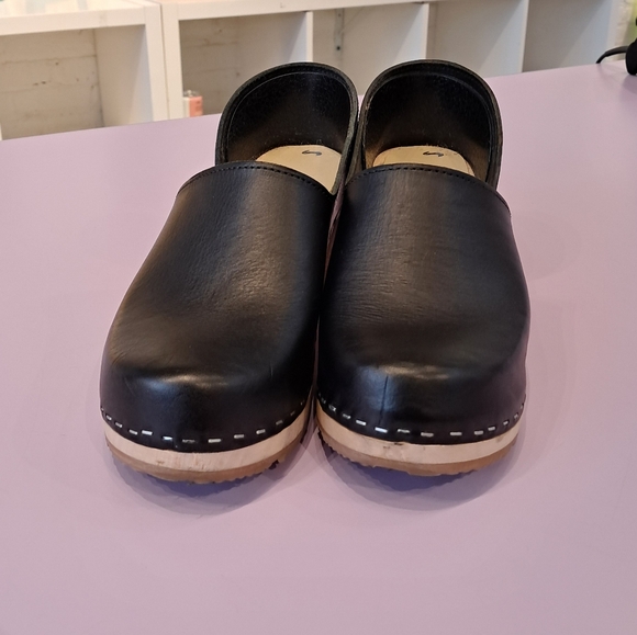 Sandgrens Brett D'Orsay Light Wooden Closed Heel Leather Clogs Black Siz… - Picture 5 of 6